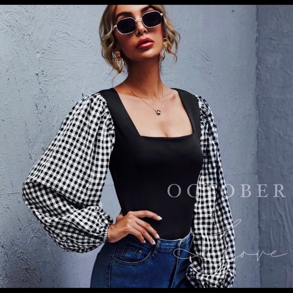 SHEIN Tops - New! Clearance 🔥 Gingham Ballon Sleeve Top Black White Button up.
